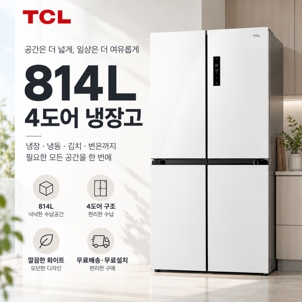 TCL 냉장고, TCL 814L 냉장고, 4도어 냉장고, 대용량 냉장고, P810CDW 제품 이미지