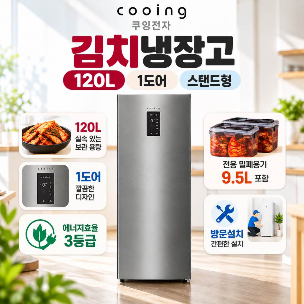 쿠잉전자 120L 1도어 스탠드형 소형 김치냉장고 김치통 세트 제품 이미지