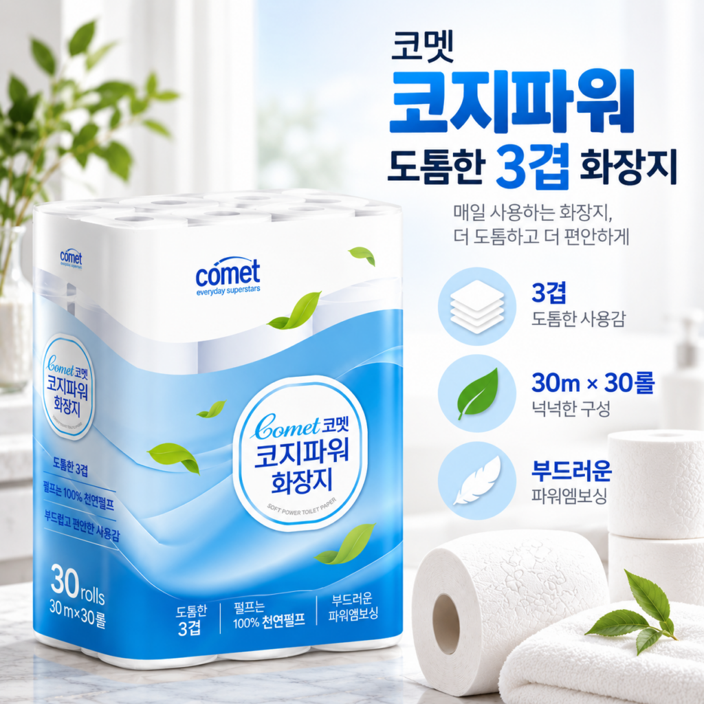 코멧 코지파워 도톰한 3겹 화장지 30m 30롤, 넉넉한 가정용 휴지 제품 이미지