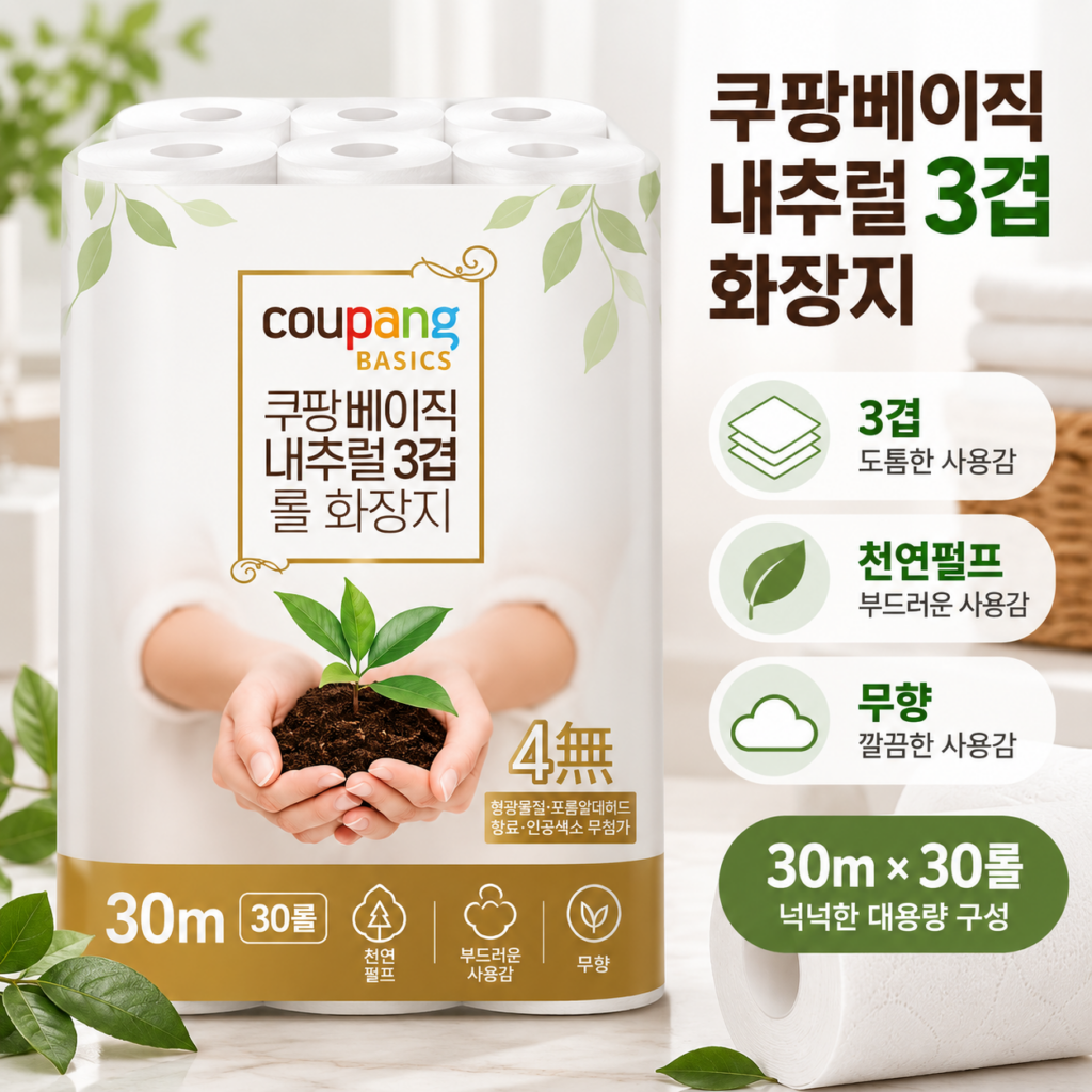 쿠팡베이직 내추럴 3겹 천연펄프 화장지 30m 30롤, 실용적인 가정용 휴지 제품 이미지